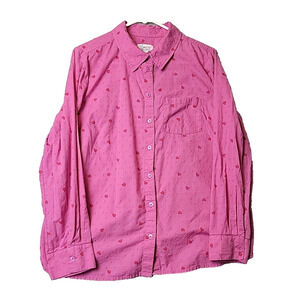 Denim & Co. 100% Cotton Pink Hearts Swiss Dot LS Button Up Shirt Women's Large